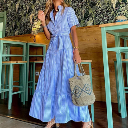Sienna - Women's Summer Maxi Dress with Collar and Tie Waist Belt