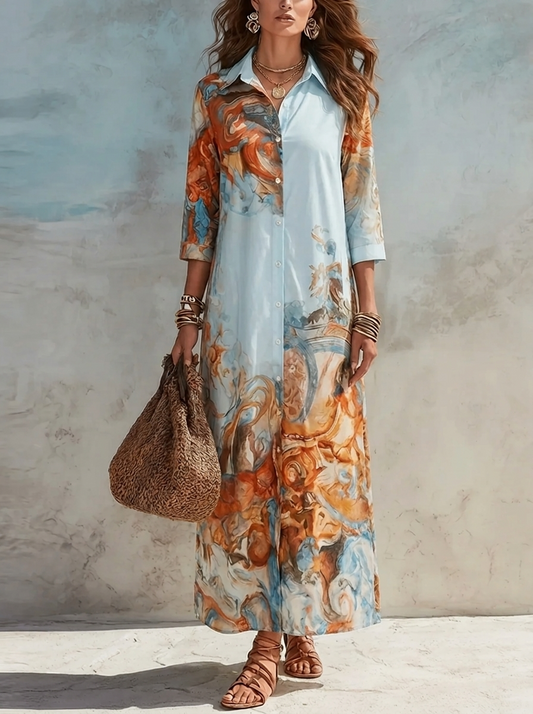 Sienna - Women’s Summer Maxi Shirt Dress Formal Chic with Abstract Print