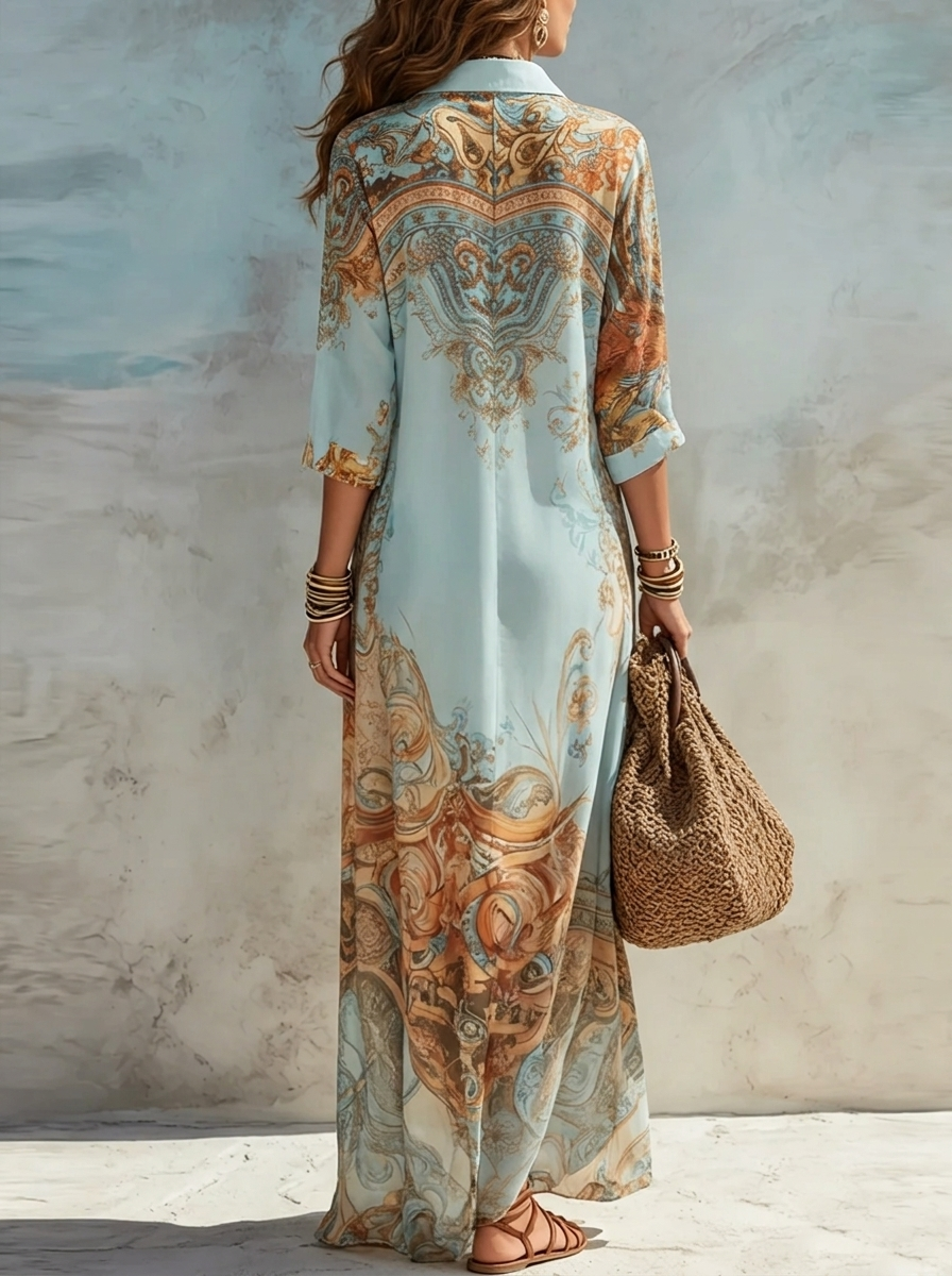 Sienna - Women’s Summer Maxi Shirt Dress Formal Chic with Abstract Print