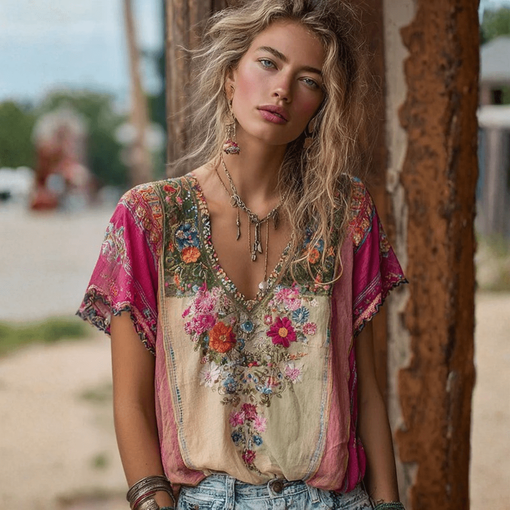 Sienna - Women's Summer Top Boho Lightweight with Embroidered V Neck