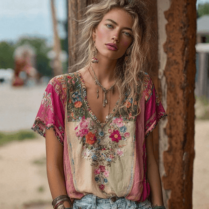 Sienna - Women's Summer Top Boho Lightweight with Embroidered V Neck