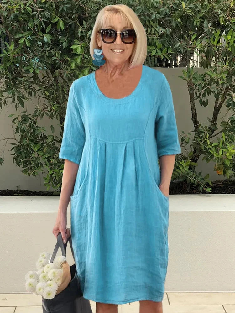 Sophie - Women's Summer Dress Elegant Knee Length with Pockets and Pleats