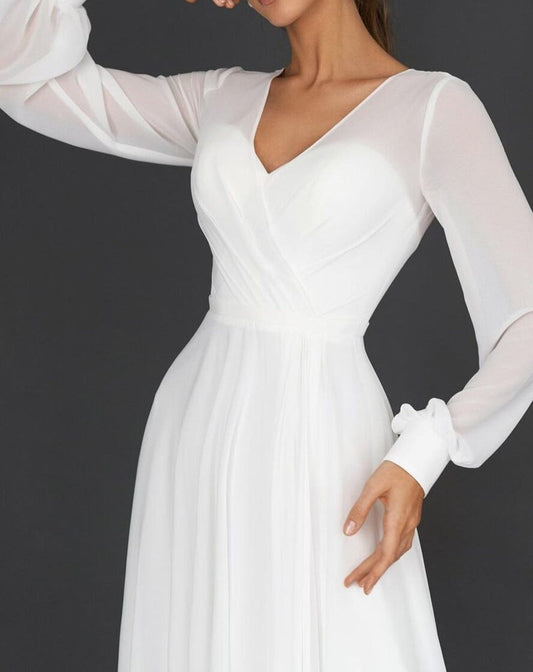 Sophie - Women's Wedding Guest Dress Elegant with V Neck and Flowy Long Sleeves
