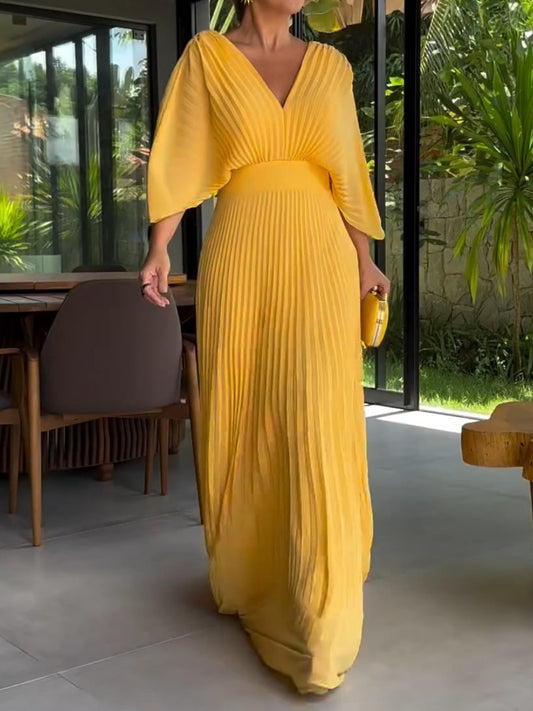 Vivienne - Women's Formal Maxi Dress with Pleated Bodice and V Neckline