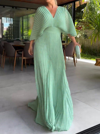 Vivienne - Women's Formal Maxi Dress with Pleated Bodice and V Neckline