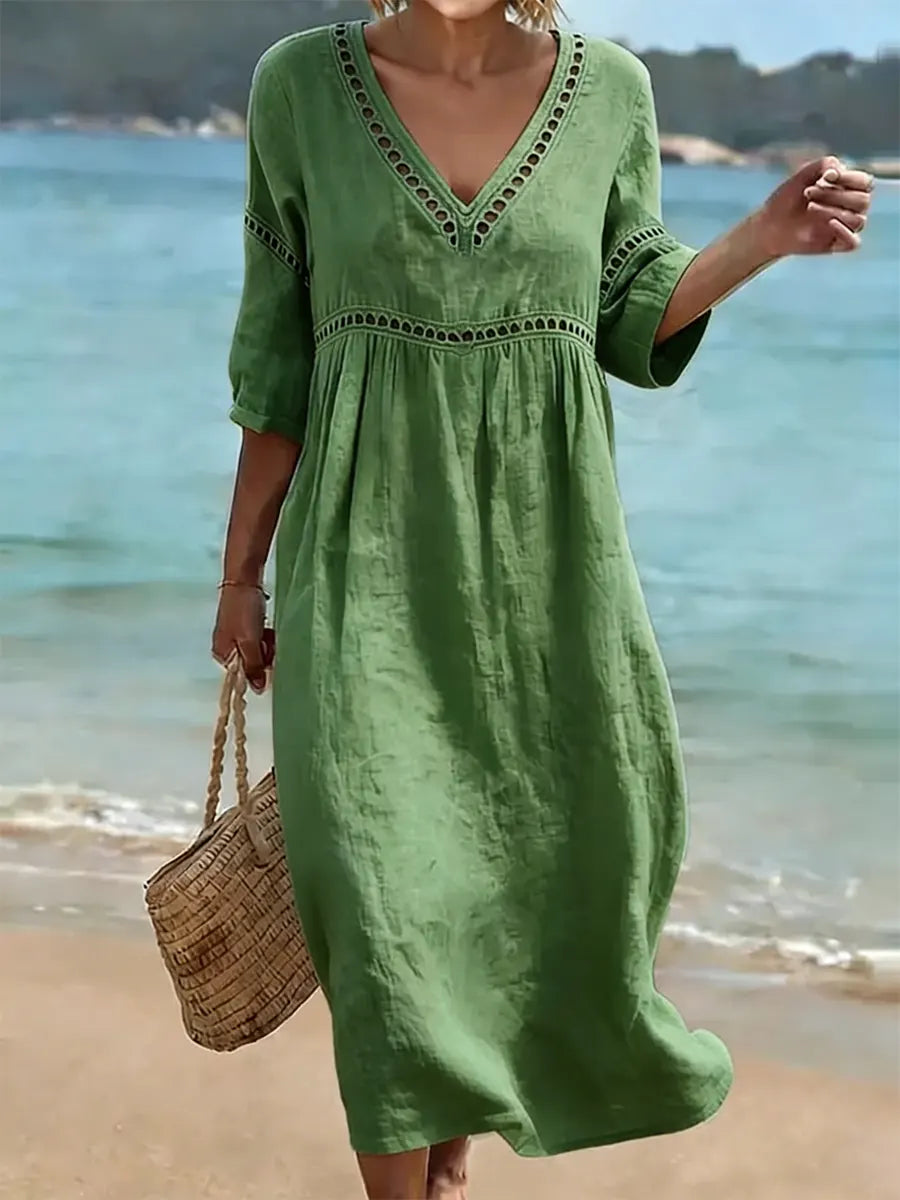 Willow - Women’s Lightweight Summer Midi Dress with V Neck and Eyelet Trim