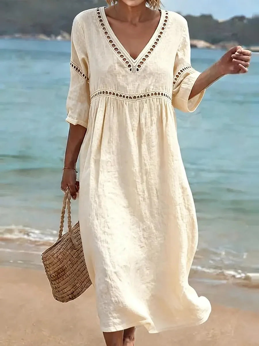Willow - Women’s Lightweight Summer Midi Dress with V Neck and Eyelet Trim