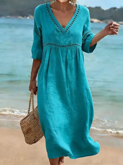 Willow - Women’s Lightweight Summer Midi Dress with V Neck and Eyelet Trim