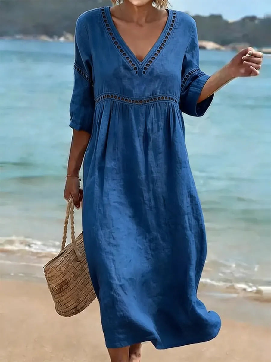 Willow - Women’s Lightweight Summer Midi Dress with V Neck and Eyelet Trim