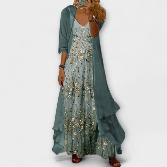 Willow - Women's Maxi Dress Two Piece Floral with V Neck and Open Cardigan
