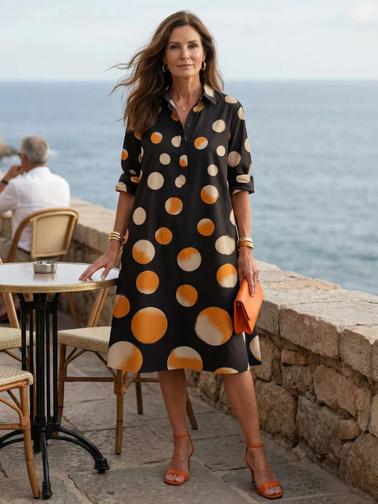 Willow - Women’s Midi Dress Elegant with Polka Dot Print and Shirt Collar