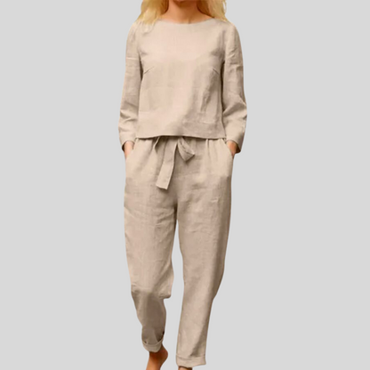 Willow - Women's Summer Matching Set Long Sleeve Top and Tie Waist Pants