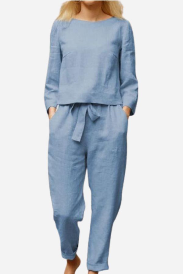 Willow - Women's Summer Matching Set Long Sleeve Top and Tie Waist Pants