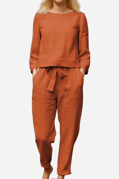 Willow - Women's Summer Matching Set Long Sleeve Top and Tie Waist Pants