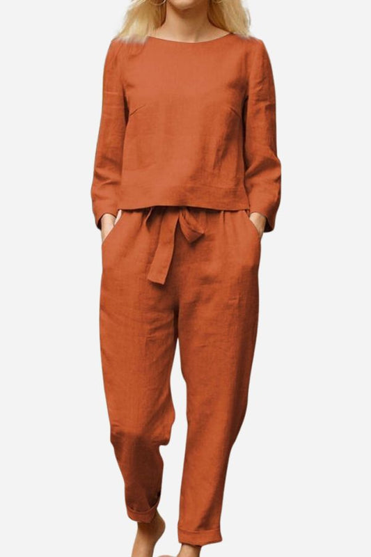 Willow - Women's Summer Matching Set Long Sleeve Top and Tie Waist Pants