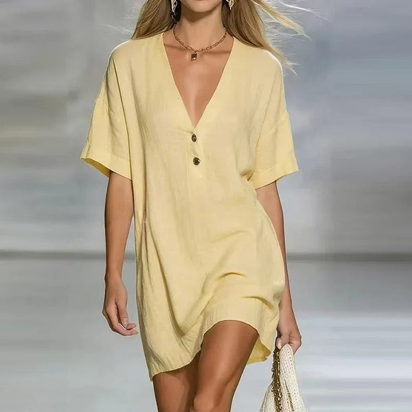 Willow - Women’s V Neck Beach Dress Mini with Short Sleeves and Buttons
