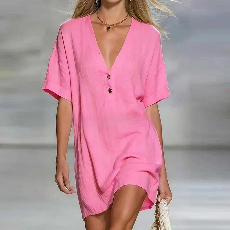 Willow - Women’s V Neck Beach Dress Mini with Short Sleeves and Buttons