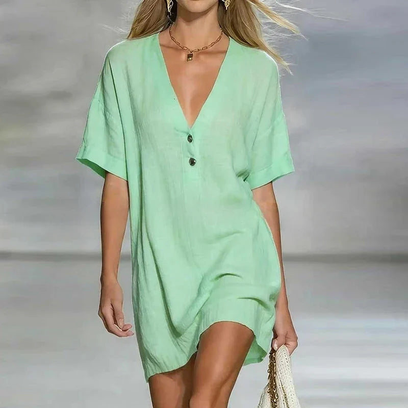 Willow - Women’s V Neck Beach Dress Mini with Short Sleeves and Buttons