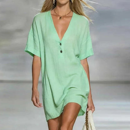 Willow - Women’s V Neck Beach Dress Mini with Short Sleeves and Buttons