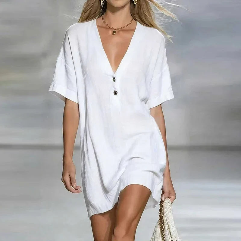 Willow - Women’s V Neck Beach Dress Mini with Short Sleeves and Buttons
