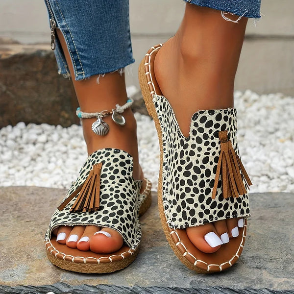 Zoe - Women’s Comfort Summer Sandals Leopard Print Slip On with Tassel