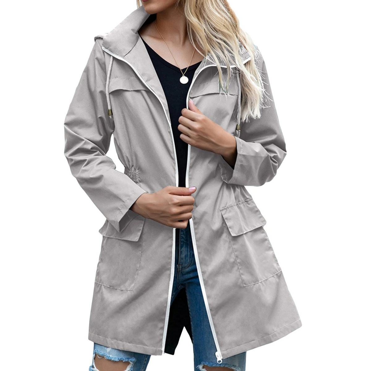 Zoe - Women's Jacket Waterproof Light with Hood and Drawstring Waist