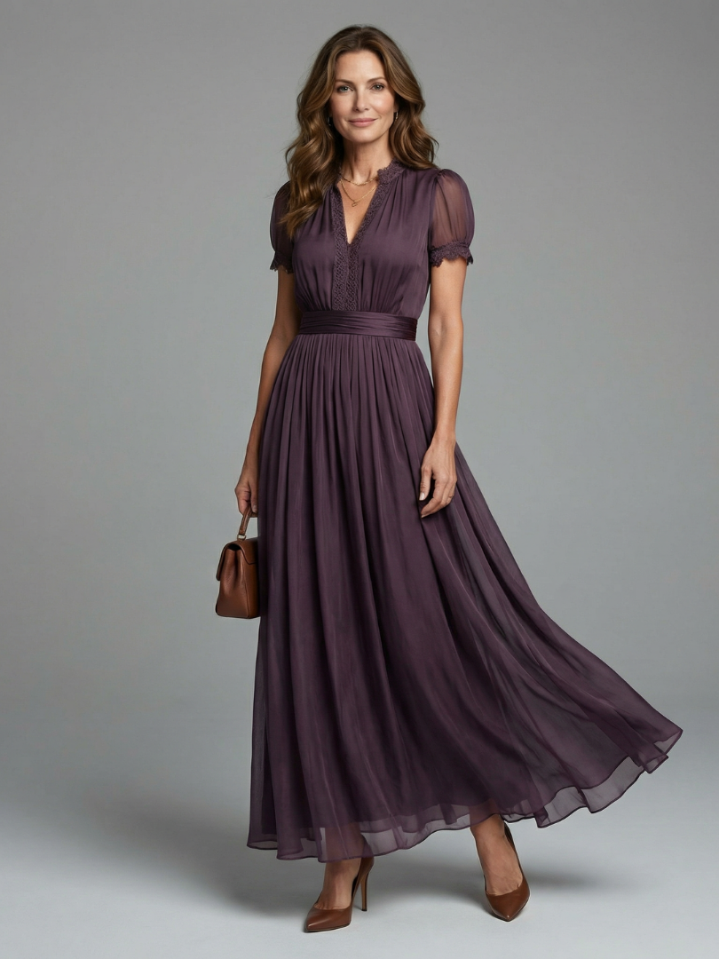 Women's Wedding Guest Maxi Dress with Keyhole Detail and Gathered Waist - Purple