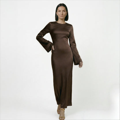 Women's Maxi Dress with Long Sleeves and Tie Waist - Brown