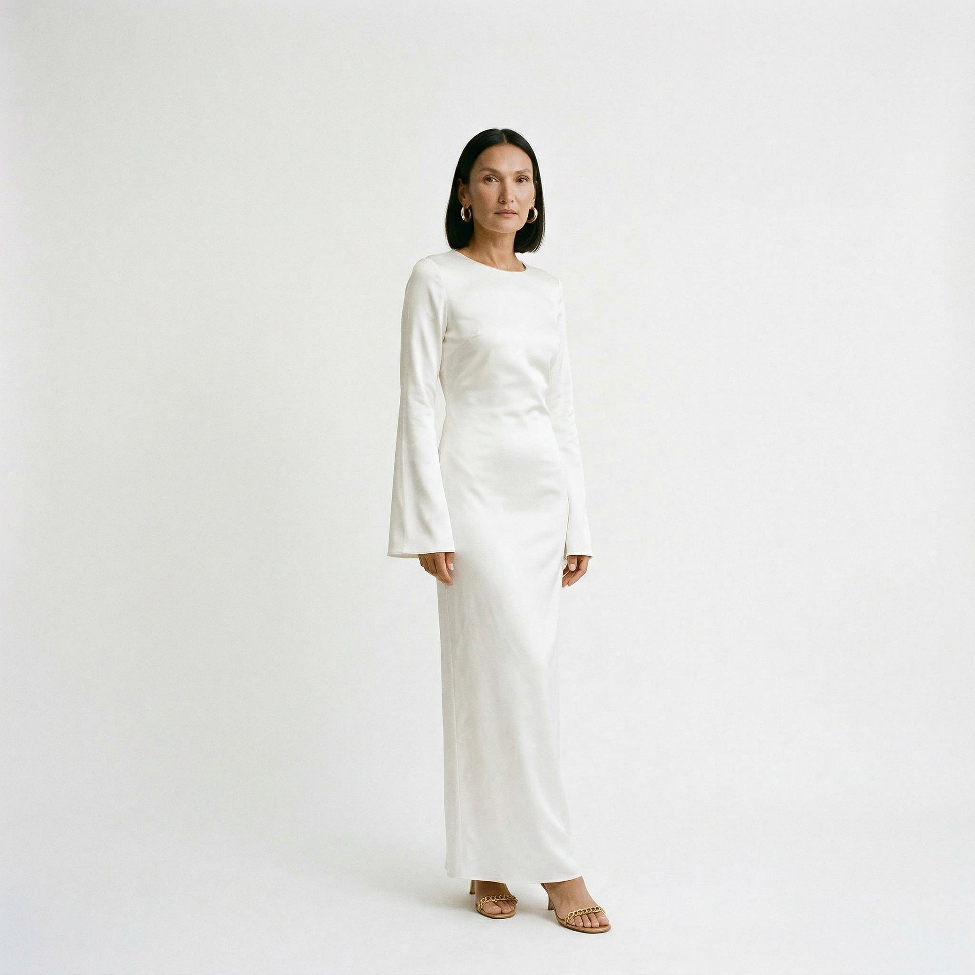 Women's Maxi Dress with Long Sleeves and Tie Waist - Cream