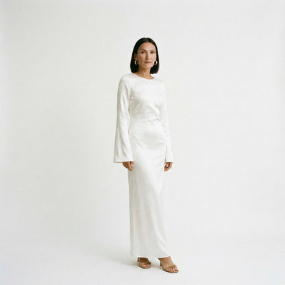 Women's Maxi Dress with Long Sleeves and Tie Waist - Cream