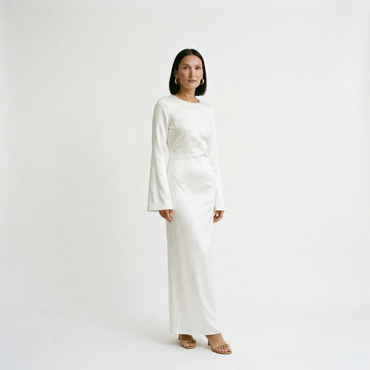 Women's Maxi Dress with Long Sleeves and Tie Waist - Cream