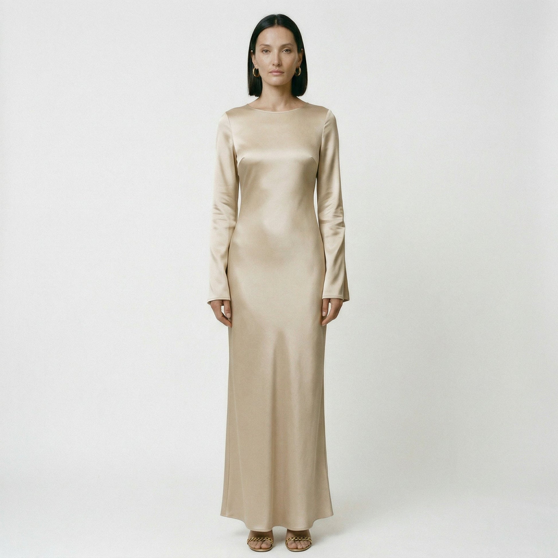 Women's Maxi Dress with Long Sleeves and Tie Waist - Sand