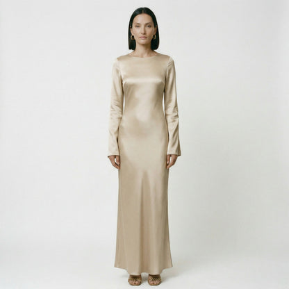 Women's Maxi Dress with Long Sleeves and Tie Waist - Sand