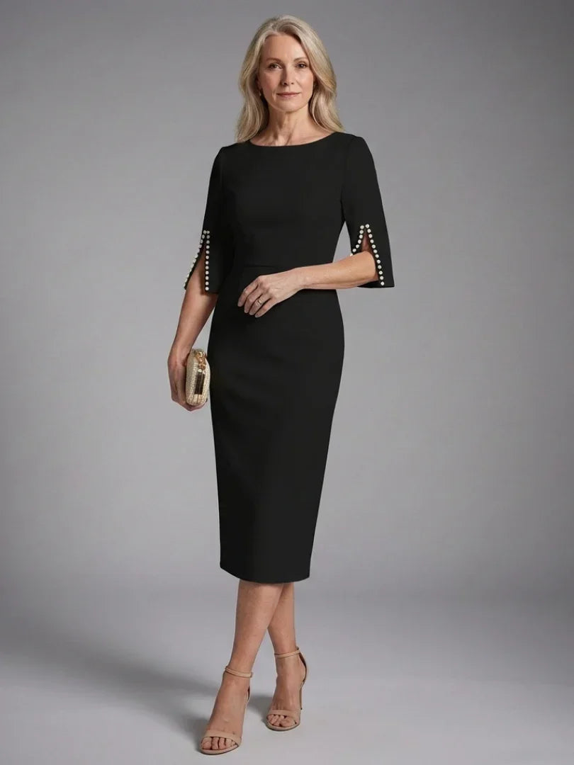 Women's Wedding Guest Dress with Split Sleeves and Midi Length - Black
