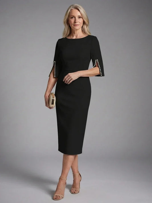 Women's Wedding Guest Dress with Split Sleeves and Midi Length - Black