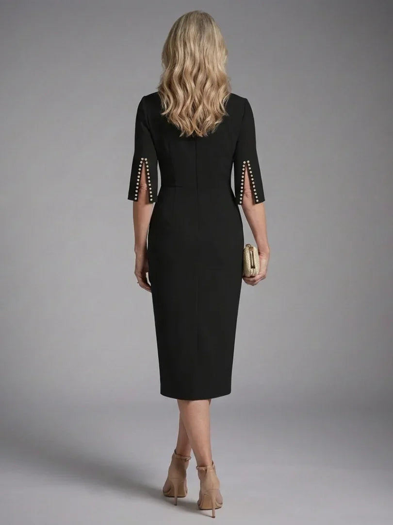 Women's Wedding Guest Dress with Split Sleeves and Midi Length - Black