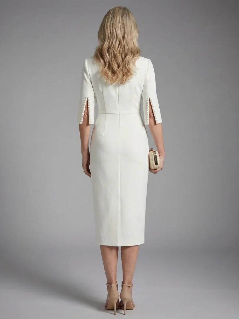 Women's Wedding Guest Dress with Split Sleeves and Midi Length - White