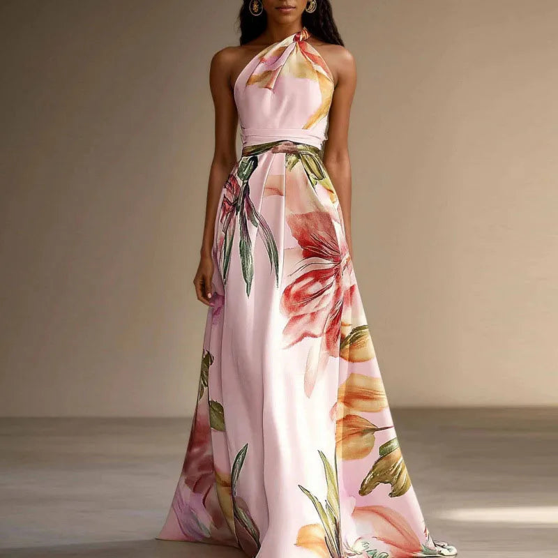 Women's Wedding Guest Maxi Dress with Floral Design - Pink