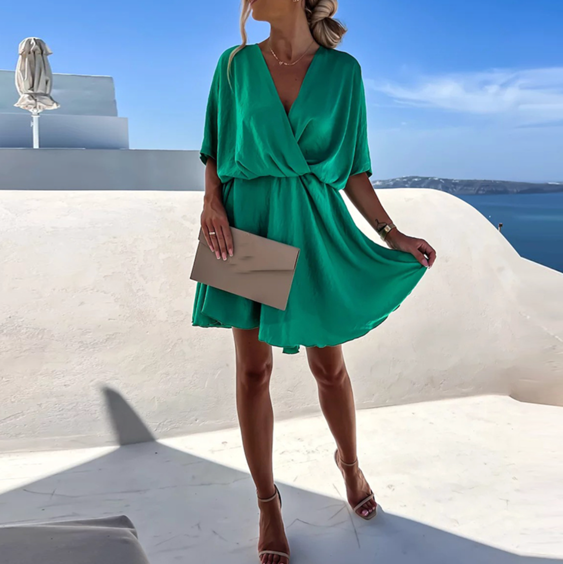 Women's Pleated A-Line Mini Dress - Dark Green