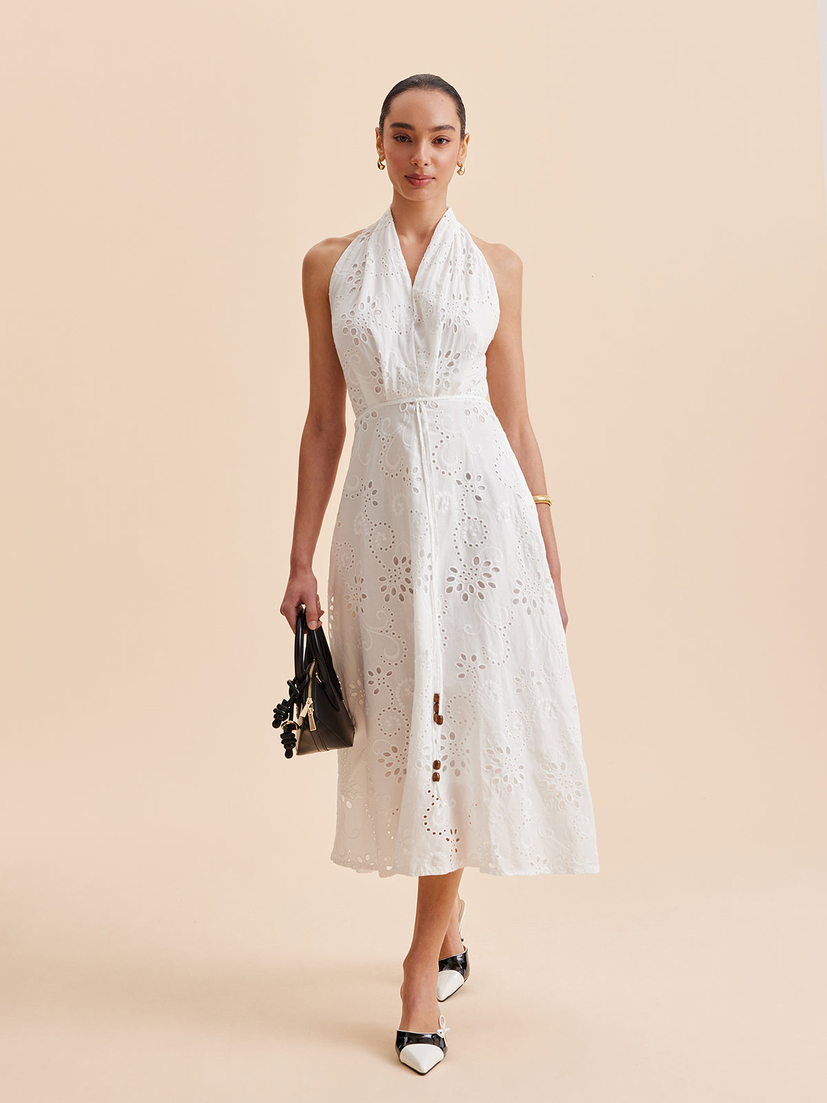 Women's Summer Midi Dress with Halter Neck and Belted Waist