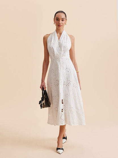 Women's Summer Midi Dress with Halter Neck and Belted Waist
