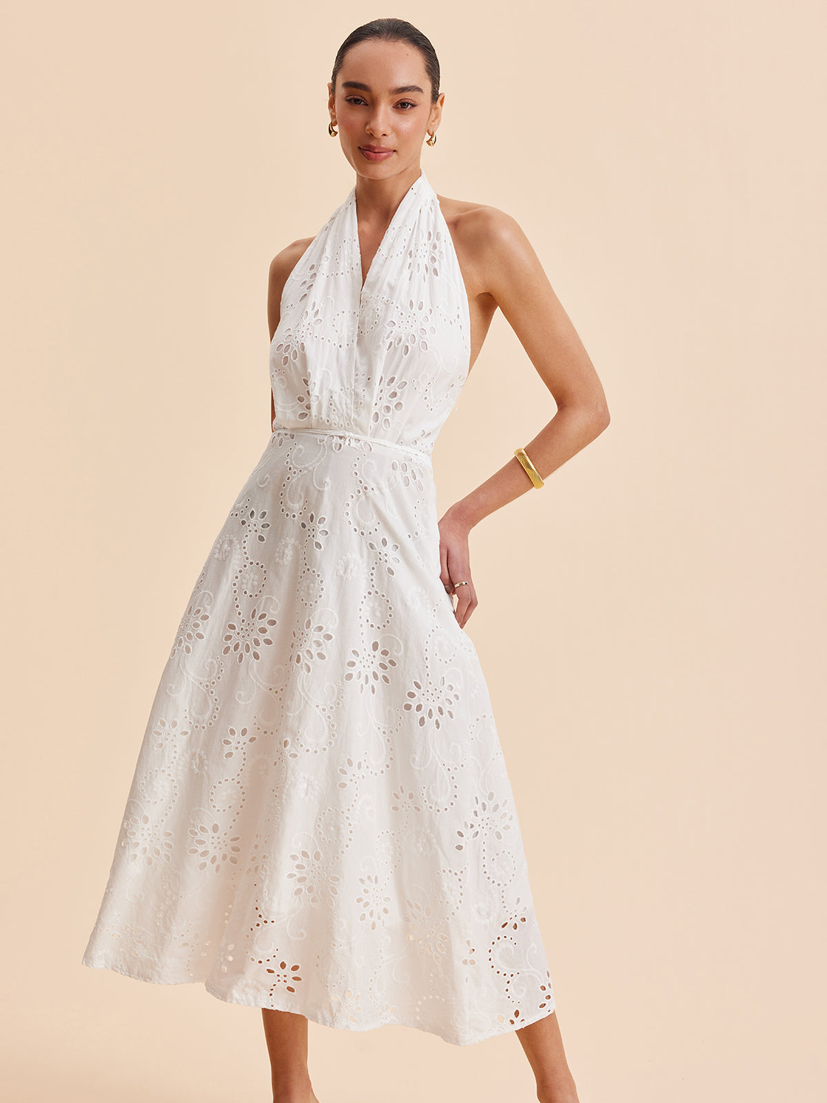 Women's Summer Midi Dress with Halter Neck and Belted Waist