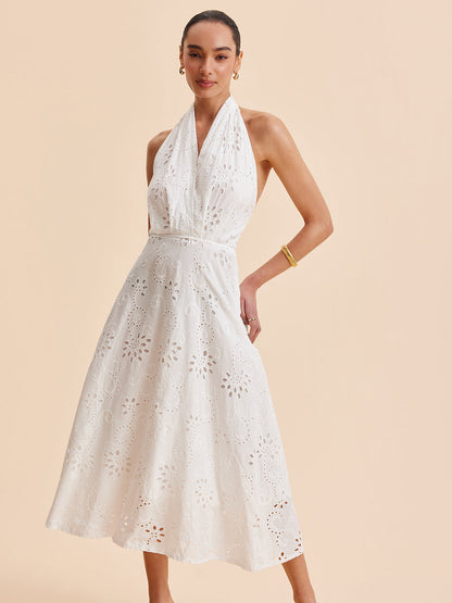 Women's Summer Midi Dress with Halter Neck and Belted Waist