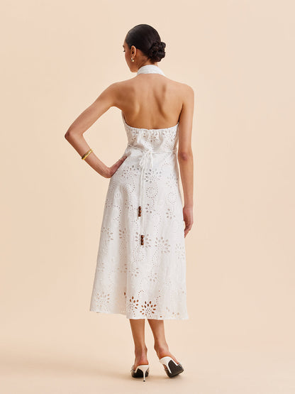 Women's Summer Midi Dress with Halter Neck and Belted Waist