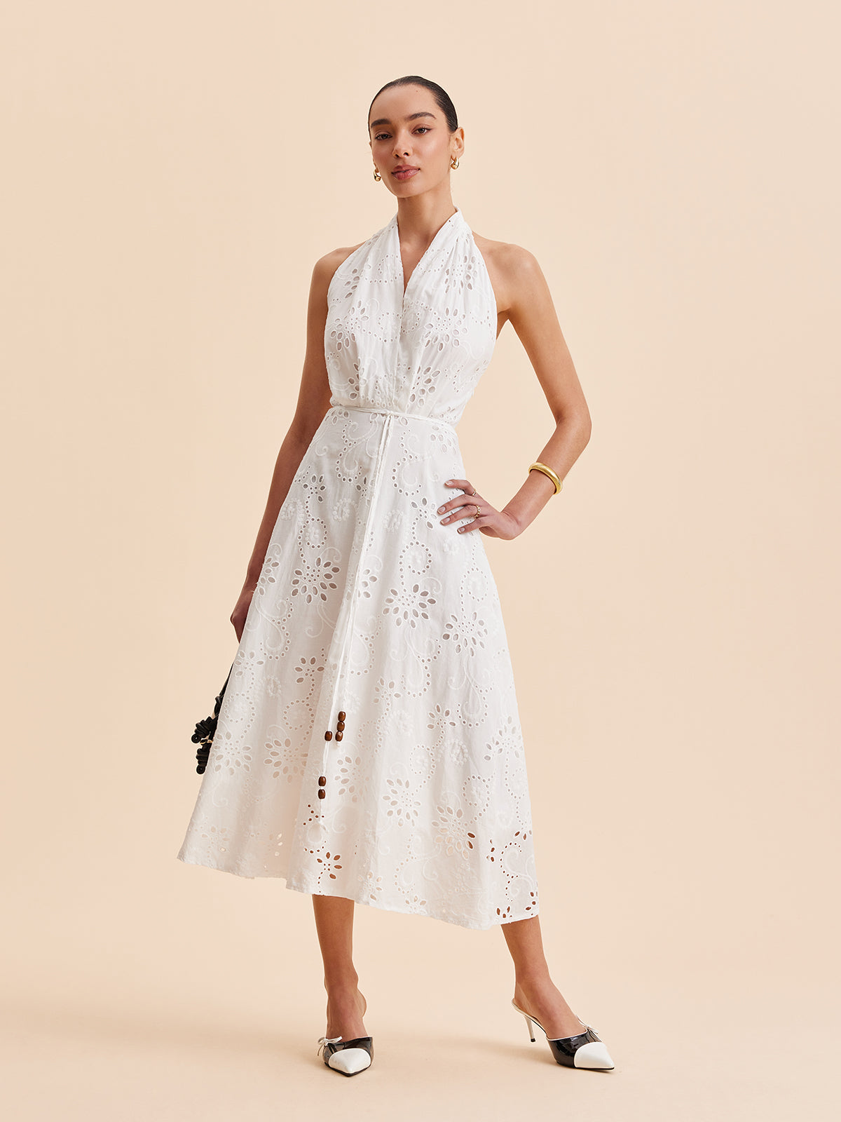 Women's Summer Midi Dress with Halter Neck and Belted Waist - White