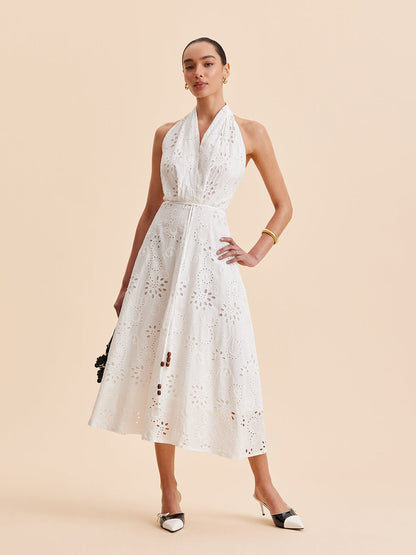 Women's Summer Midi Dress with Halter Neck and Belted Waist - White