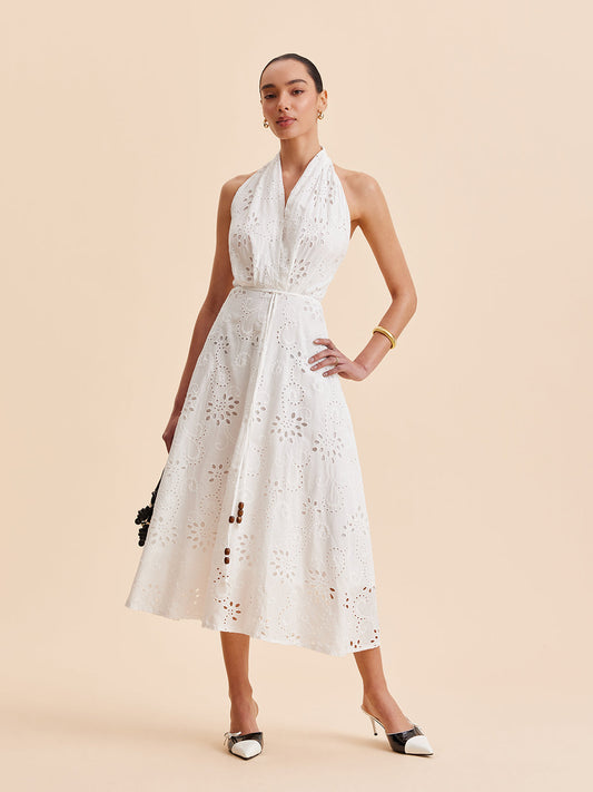 Women's Summer Midi Dress with Halter Neck and Belted Waist - White