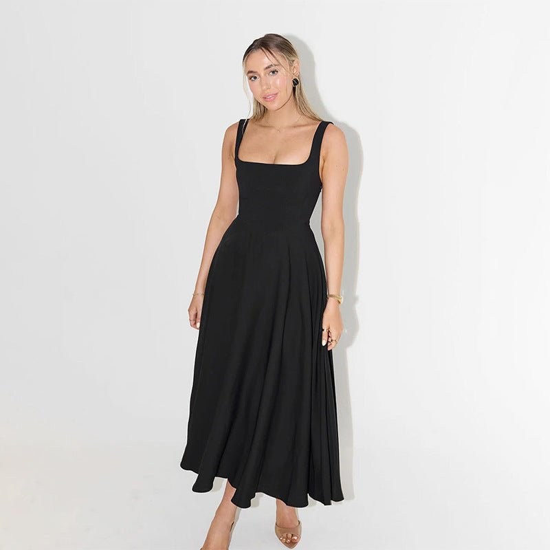 Women's Summer Midi Dress with Square Neck and Adjustable Straps - Black