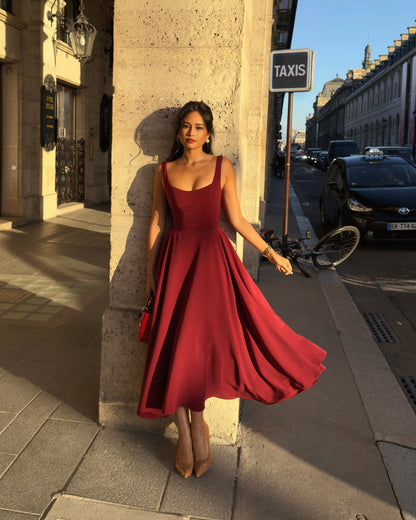 Women's Summer Midi Dress with Square Neck and Adjustable Straps - Dark Red