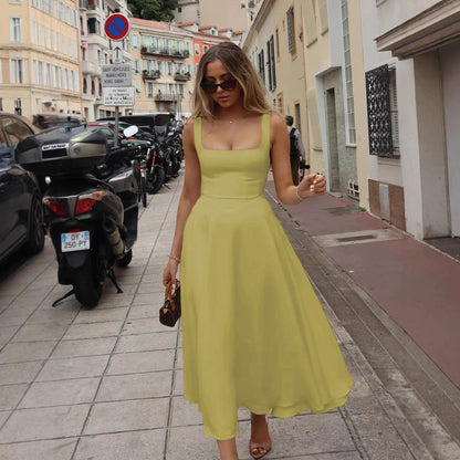 Women's Summer Midi Dress with Square Neck and Adjustable Straps - Yellow